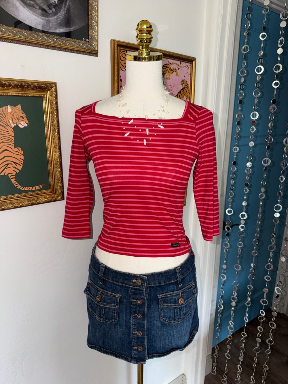 Vintage Y2K Striped Square-Neck 3/4 Sleeve Top - Red